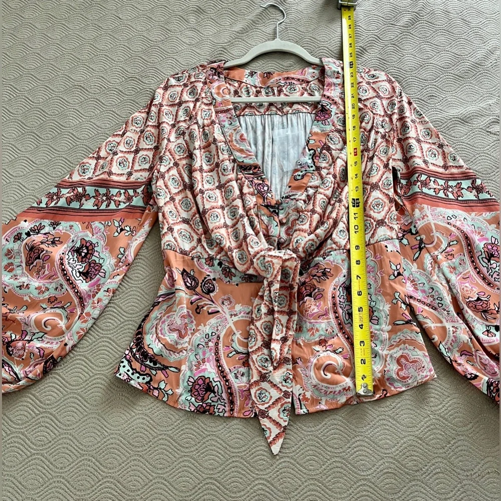Free People Peach Paisley Tie-Front Blouse - Picture 5 of 11